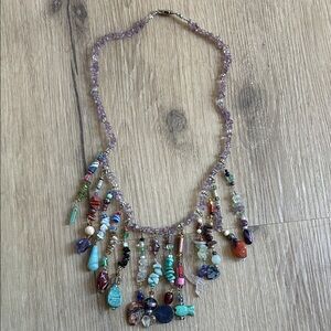Multicolor Beaded Boho Festival Charm Necklace with Pink Amethyst,  Blue Accents